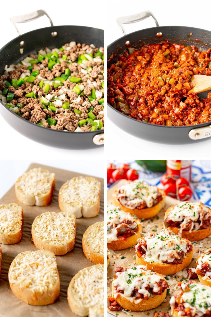 Step by step photo collage showing how to make sloppy joes on Texas Toast.