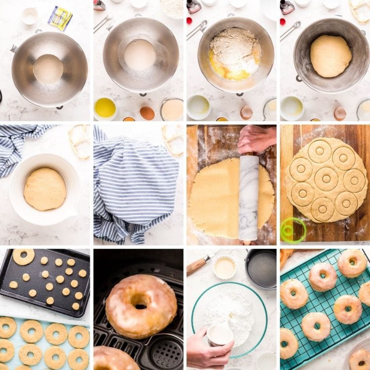 Step-by-step photo collage showing how to make yeast donuts in the air fryer.
