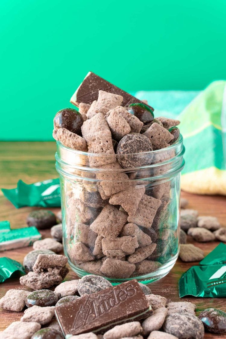 A jar filled with Andes mint muddy buddies.