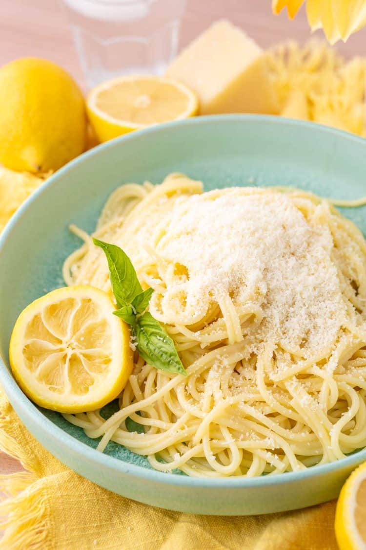 TikTok Lemon Pasta in a mint green bowl.