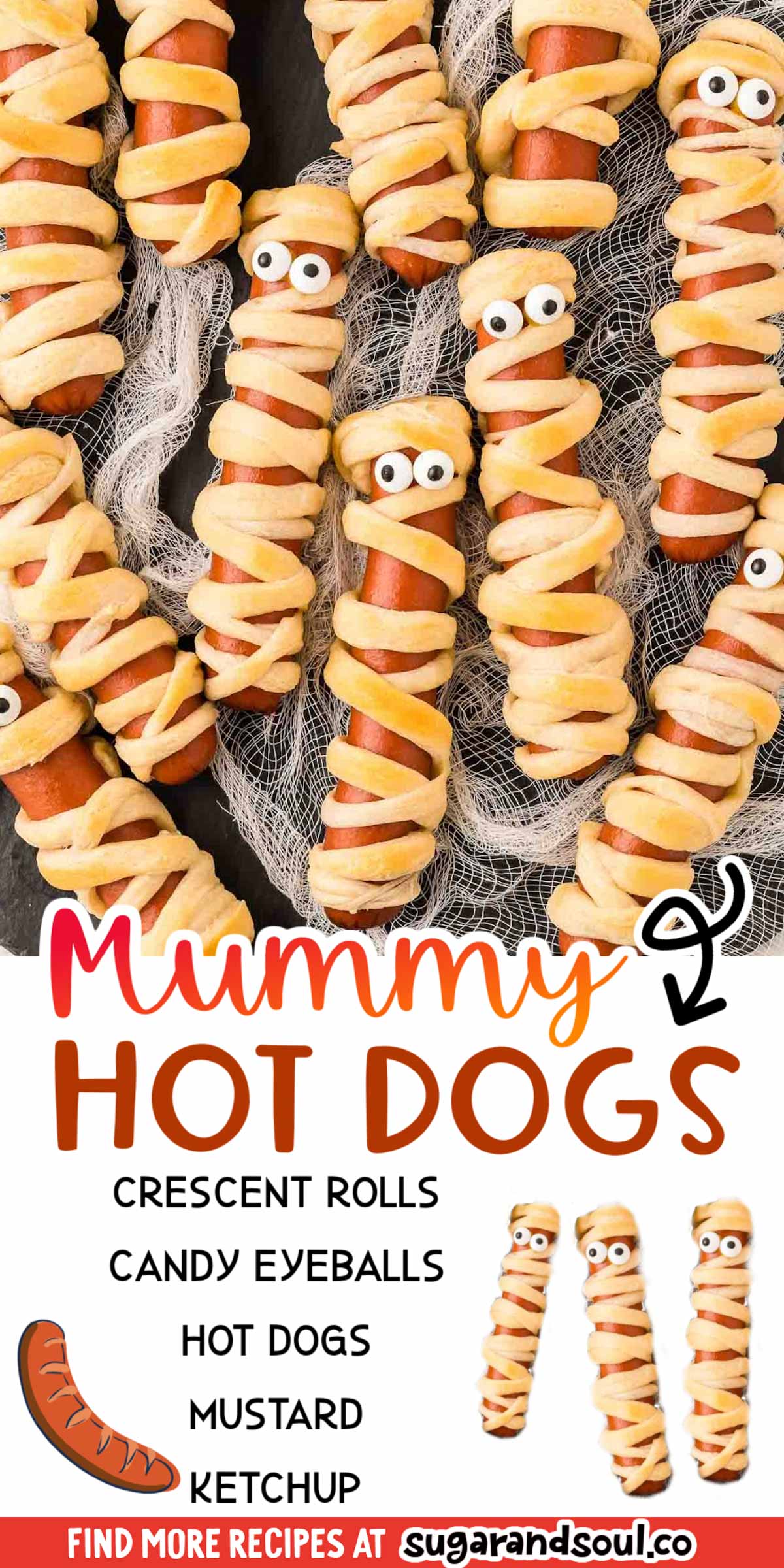 Mummy Hot Dogs are a fun Halloween twist on the classic childhood pigs in a blanket, the perfect appetizer or meal to celebrate October 31st! A batch bakes up in just under 25 minutes! via @sugarandsoulco