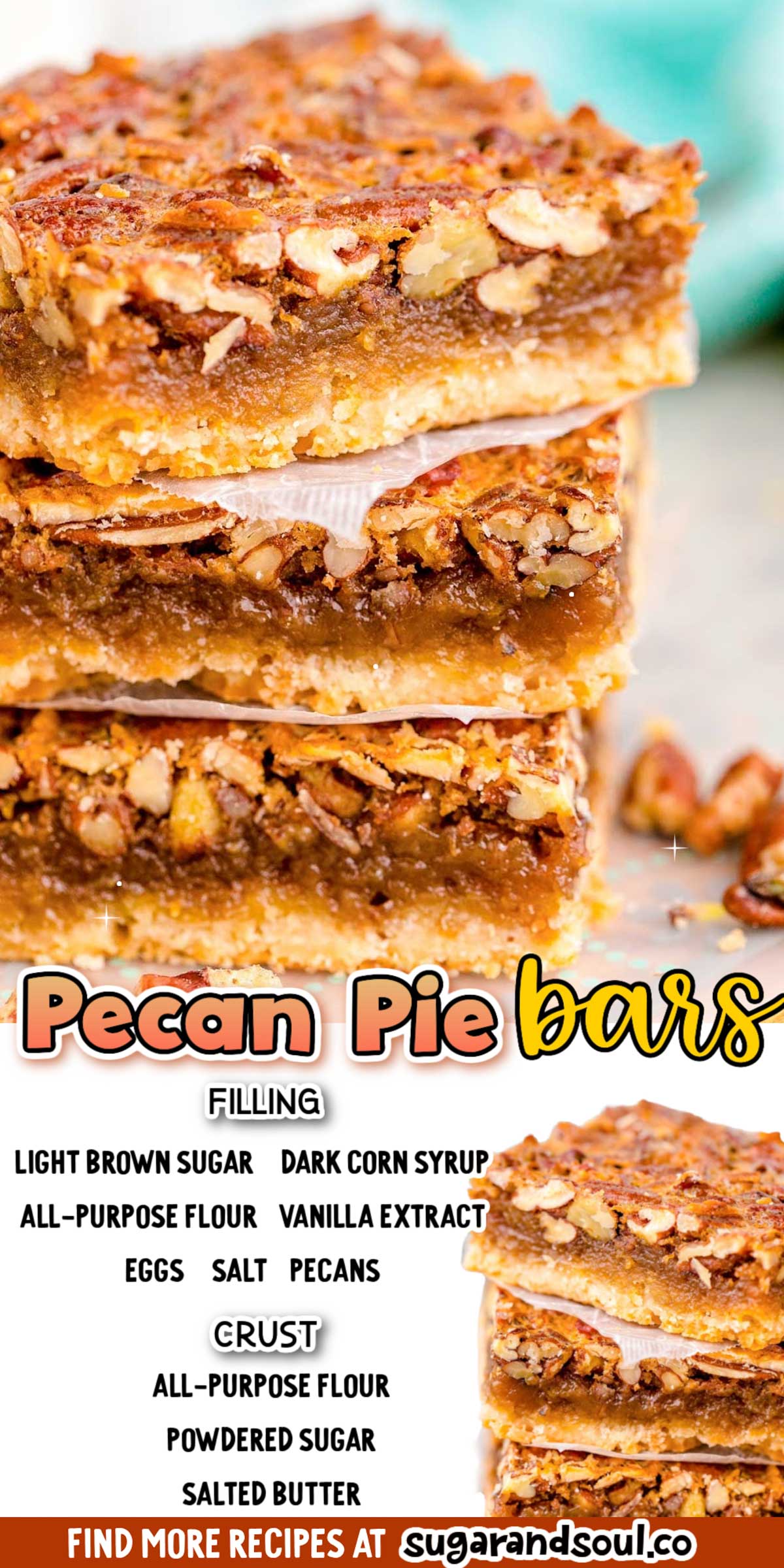 Pecan Pie Bars have a buttery shortbread crust base that's topped with a sweet, easy-to-make, brown sugar filling that's filled with crunchy pecans! Takes just 10 minutes to prep! via @sugarandsoulco