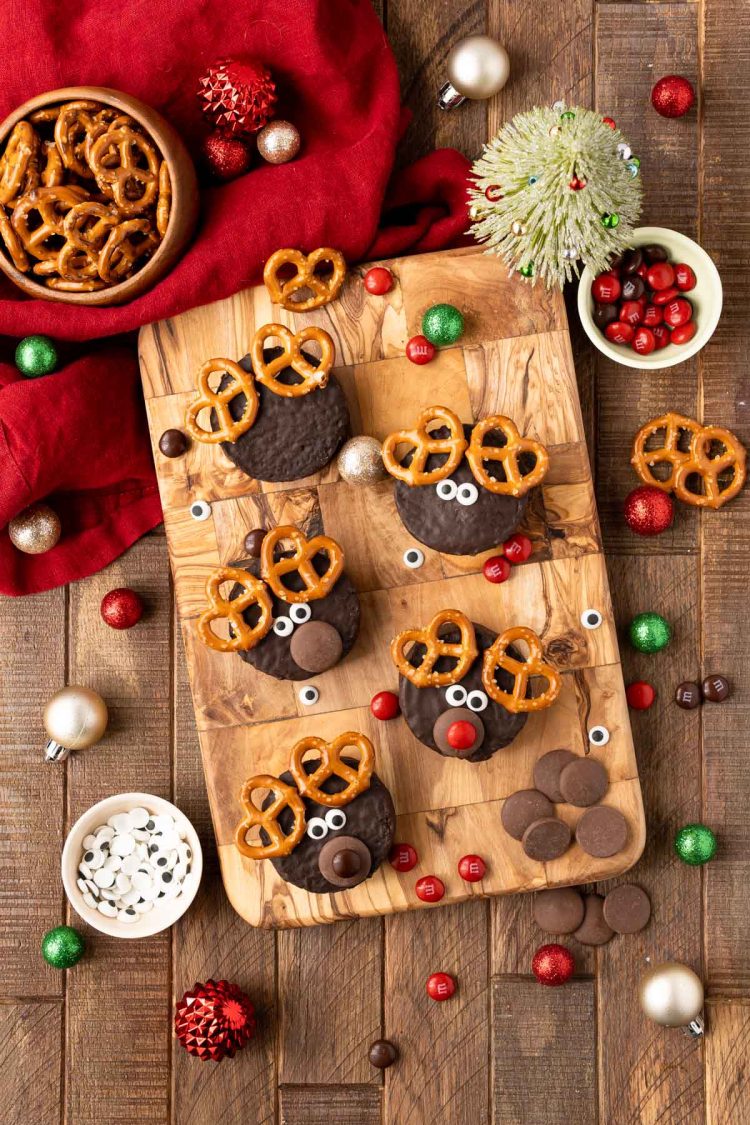 Overhead photo of ding dong cake being decorated as reindeer for the holidays.