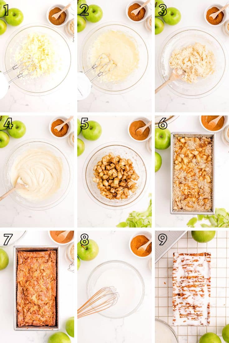 Step by step photo collage showing how to make apple fritter bread.