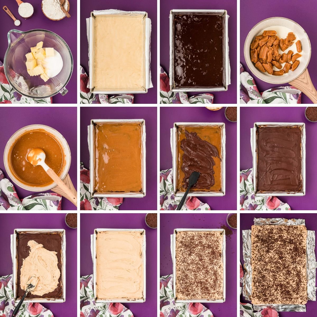 Step by step photo collage showing how to make Billionaire Bars.