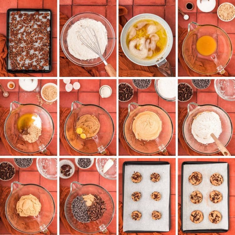 Step-by-step photo collage showing how to make brown butter pecan chocolate chip cookies.