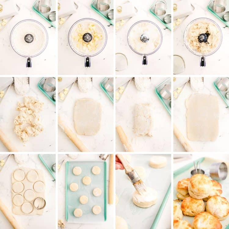 Step by step photo collage showing how to make buttermilk biscuits.