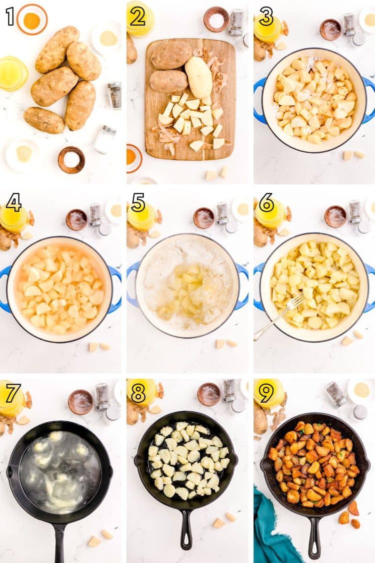 Step by step photo collage showing how to make duck fat potatoes.