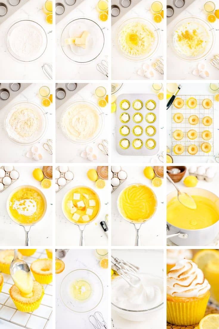 Step by step photo collage showing how to make lemon meringue cupcakes from scratch.