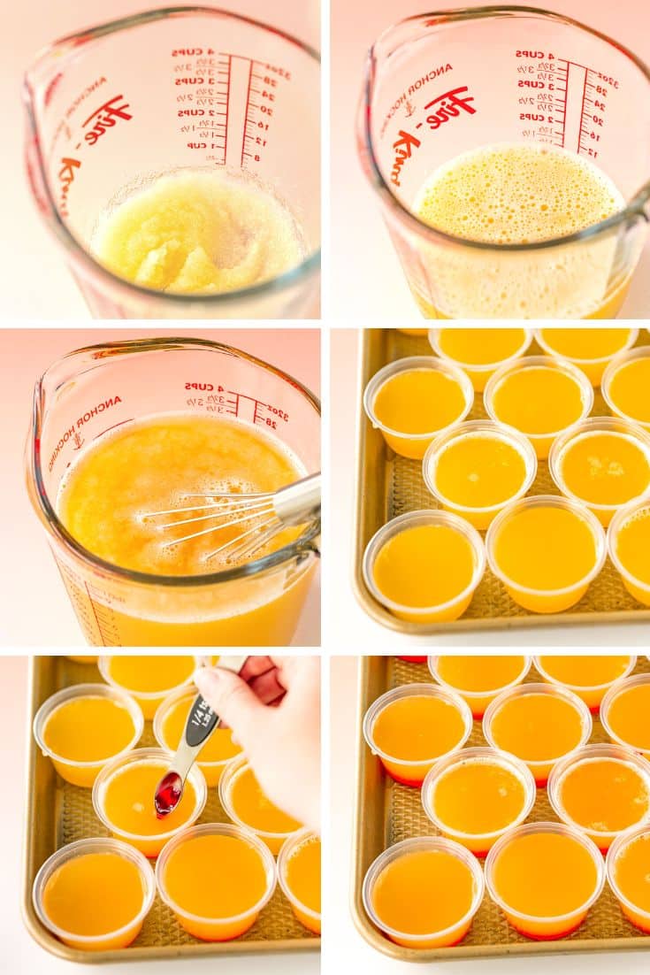 Step by step photo collage showing how to make mai tai jello shots.