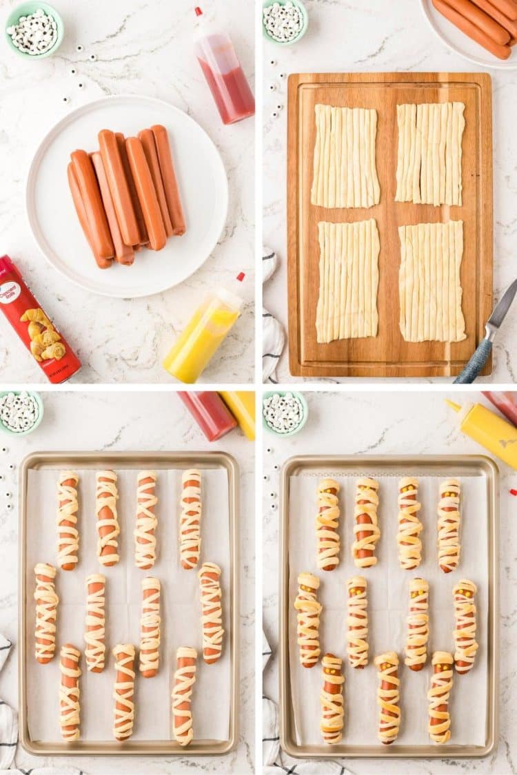 Photo collage showing how to make mummy hot dogs.