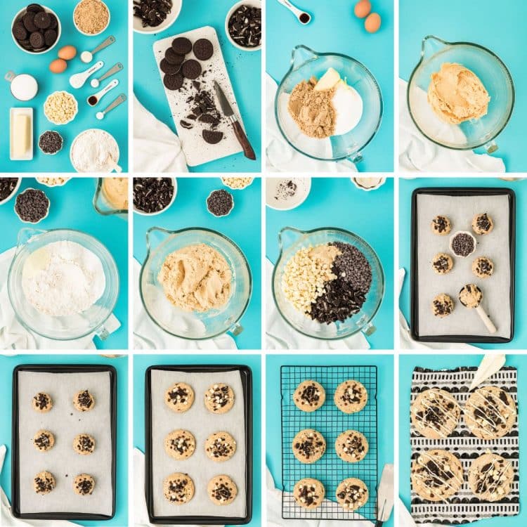 Step by step photo collage showing how to make Oreo Chocolate Chip Cookies from scratch.