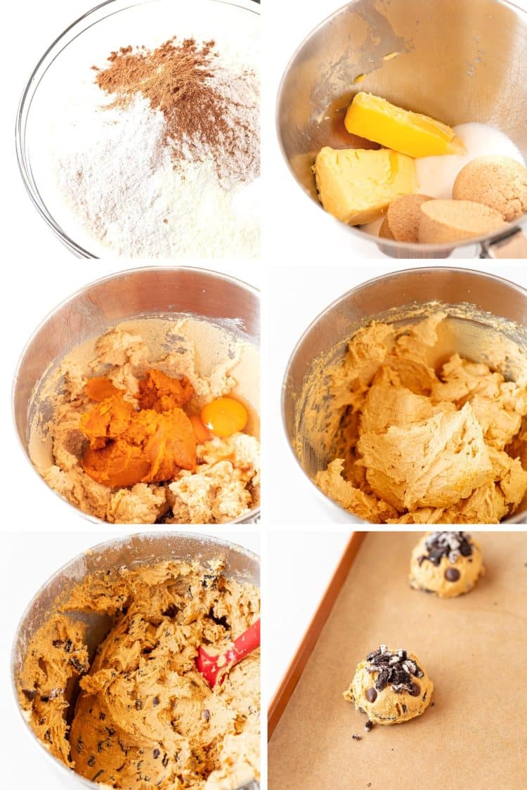 Step by step photo collage showing how to make pumpkin chocolate chip cookies with oreos.