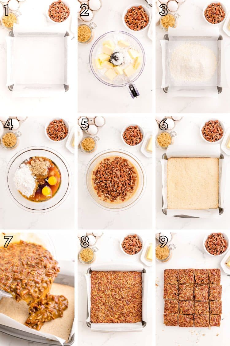 Step by step photo collage showing how to make pecan pie bars.