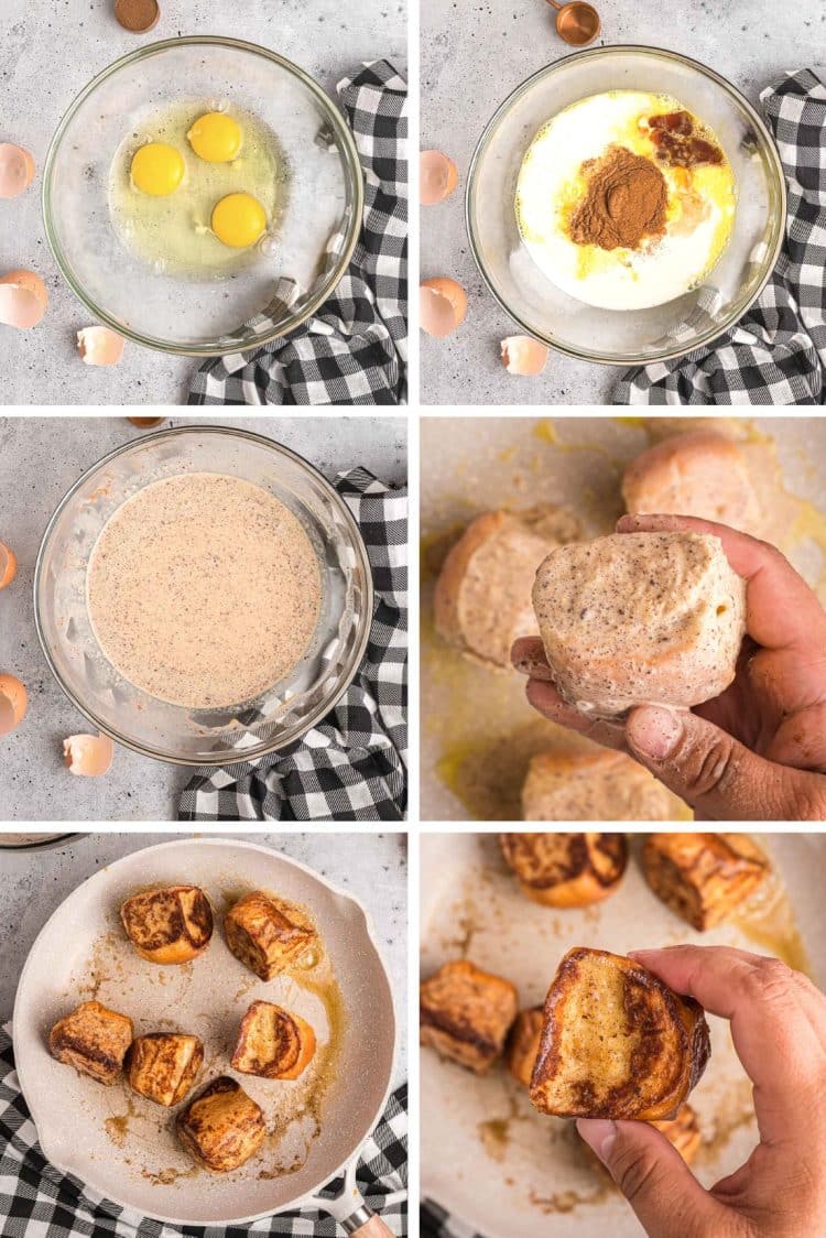 Step by step photo collage showing how to make slider french toast.
