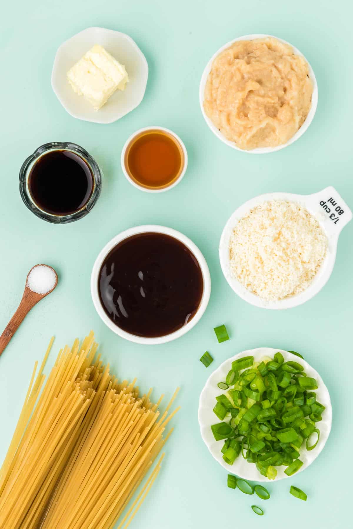Overhead photo of garlic noodle ingredients.