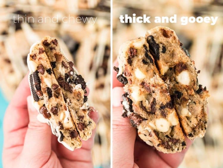 Photo collage showing the texture of thin and chewy of thick and gooey Oreo chocolate chip cookies.