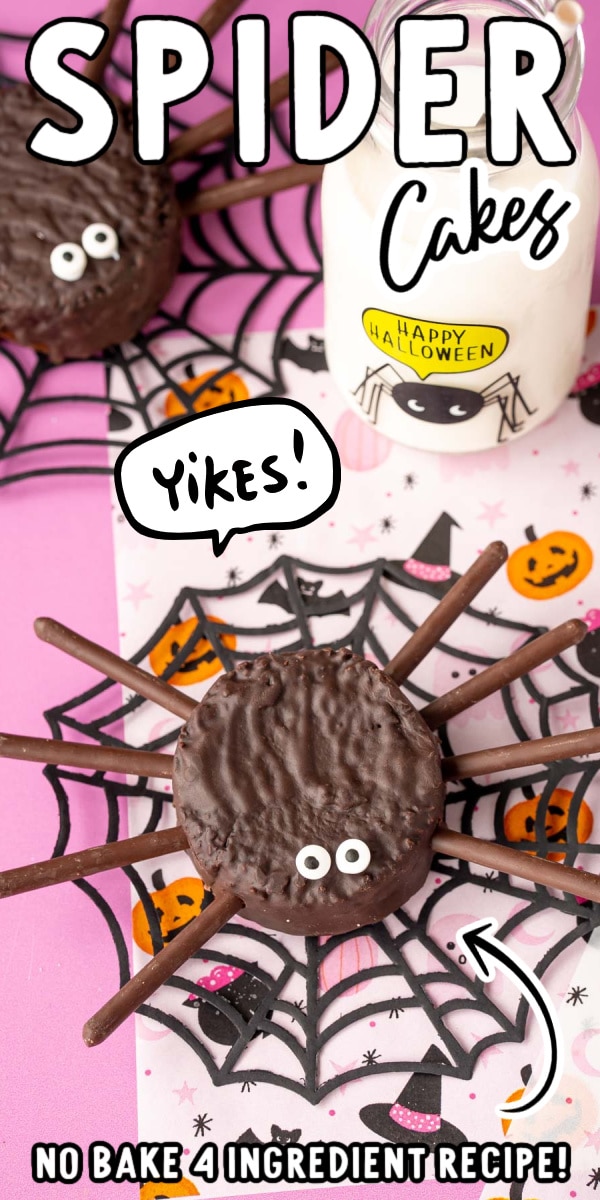 These Easy Spider Cakes are made in just 10 minutes using Hostess Ding Dongs, chocolate-covered Pocky sticks, and store-bought icing! An easy-to-make Halloween treat that kids will love! via @sugarandsoulco