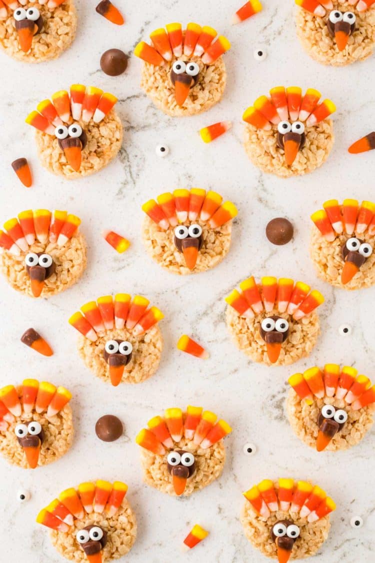 Overhead photo of Thanksgiving Turkey Rice Krispie treats on a marble surface.