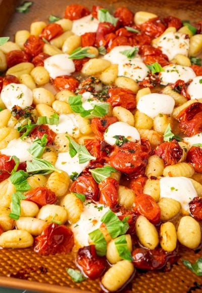 baked gnocchi on a roasted pan.