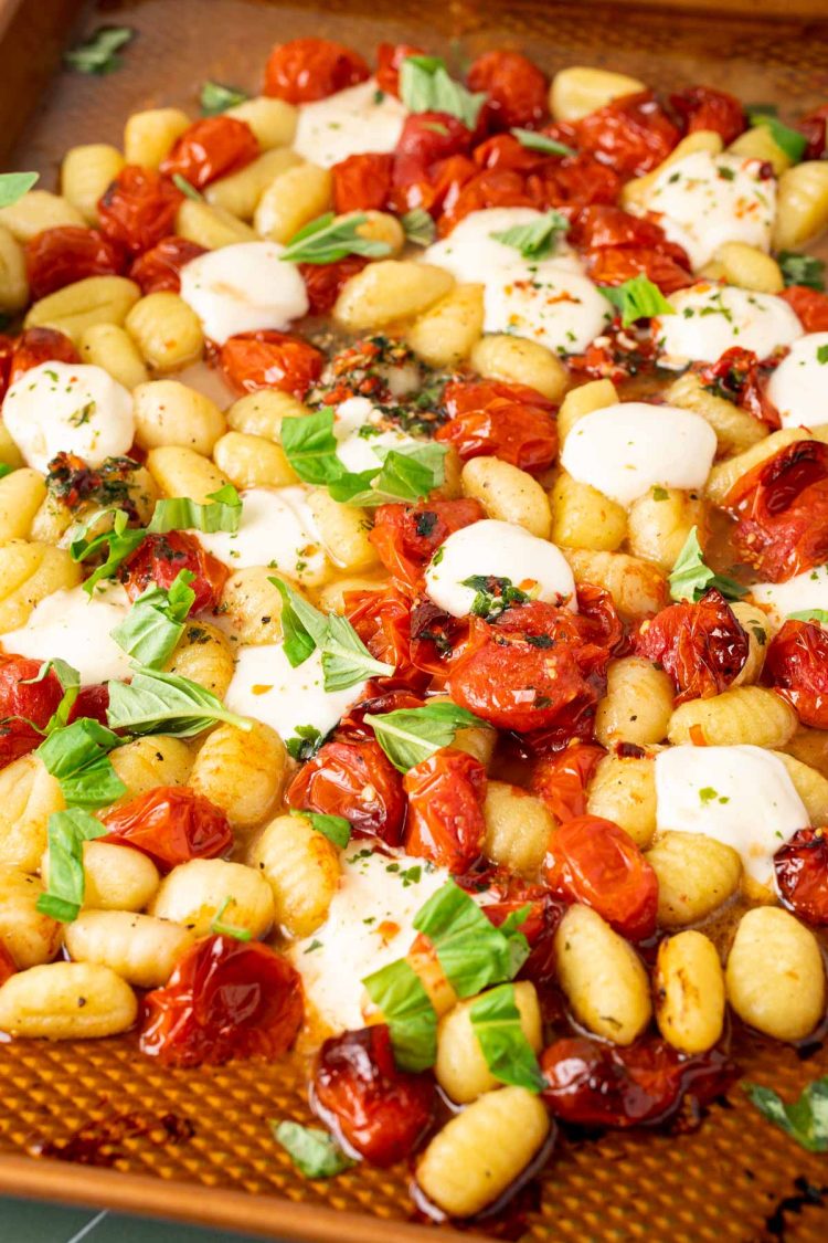 baked gnocchi on a roasted pan.