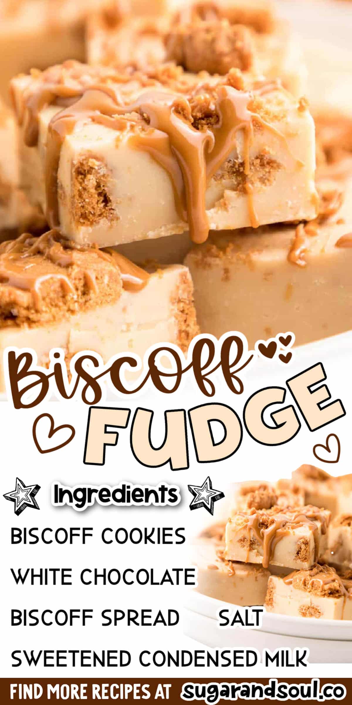 This Biscoff Fudge is a quick and easy 5 ingredient recipe that's loaded with crunchy Biscoff cookies and then drizzled with melted Biscoff spread! No candy thermometer required! via @sugarandsoulco
