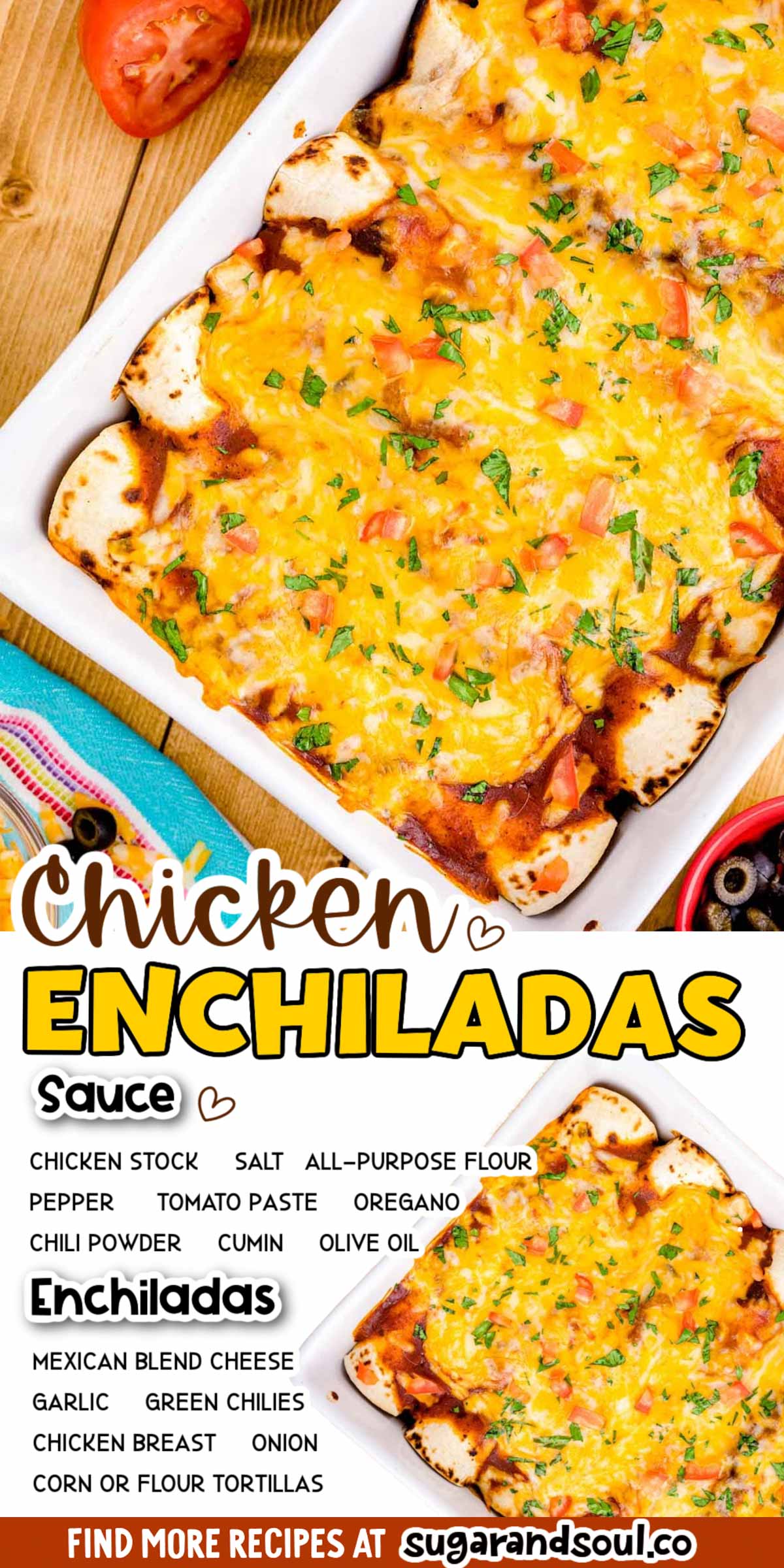 These Chicken Enchiladas have a tender chicken filling that's wrapped in tortillas, topped with a savory red sauce, and finished off with shredded cheese! Prep this dish in 20 minutes and then slide it into the oven to bake! via @sugarandsoulco