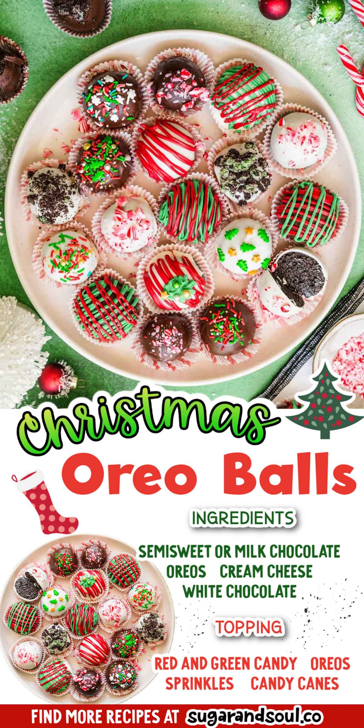 These Christmas Oreo Balls are a simple holiday dessert that's made with a 2-ingredient filling, melted chocolate, and fun, tasty toppings! Prepping two dozen of these delicious truffles takes just 45 minutes! via @sugarandsoulco