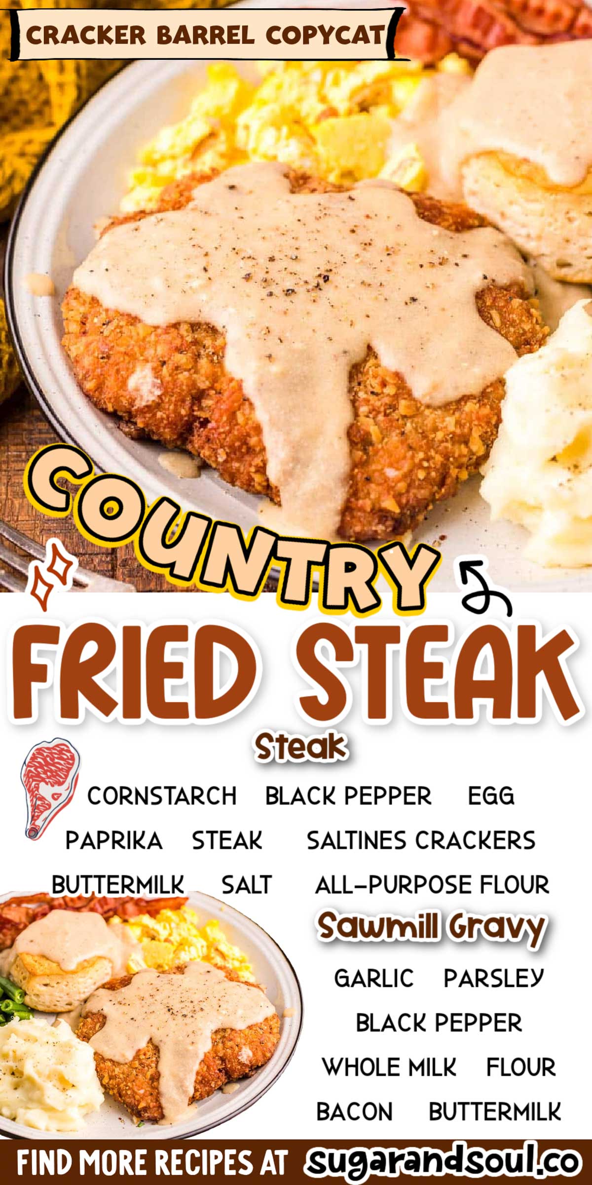 Country Fried Steak is a mouthwatering Cracker Barrel Copycat recipe that's topped with a homemade version of their creamy sawmill gravy! Slide this delicious steak onto the table for breakfast OR dinner in just one hour! via @sugarandsoulco