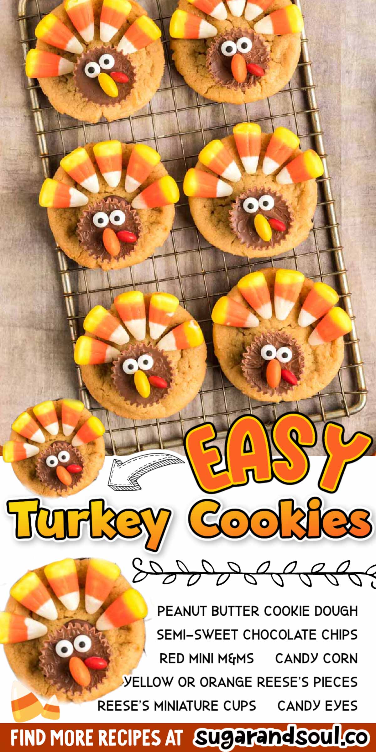 These Thanksgiving Turkey Cookies are a fun holiday treat that kids will love! They're made with refrigerated cookie dough, melted chocolate, and candy!  via @sugarandsoulco