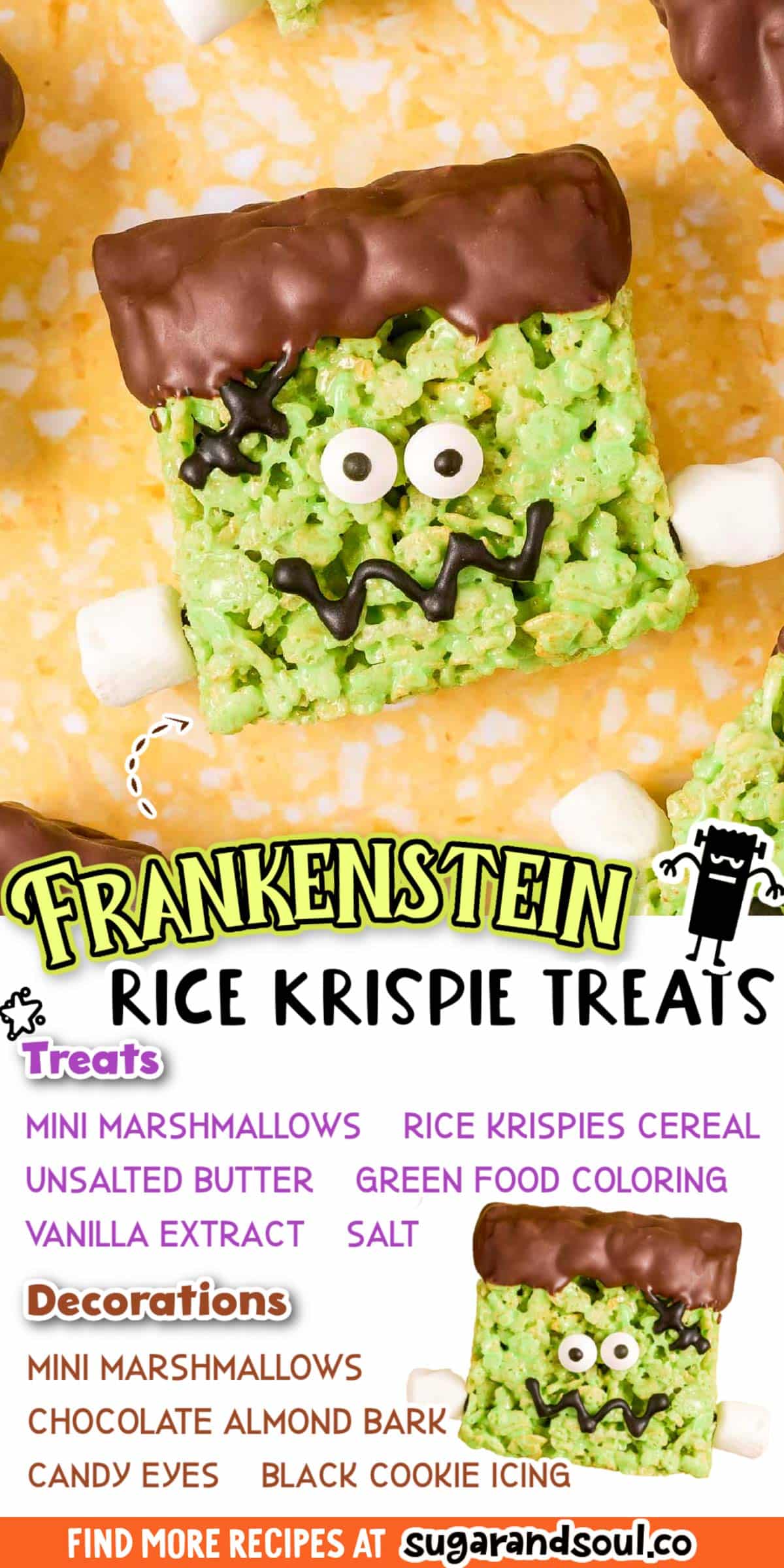 These Frankenstein Rice Krispie Treats are a chewy, sweet Halloween treat that kids will go crazy for! Takes just 30 minutes to prep! via @sugarandsoulco