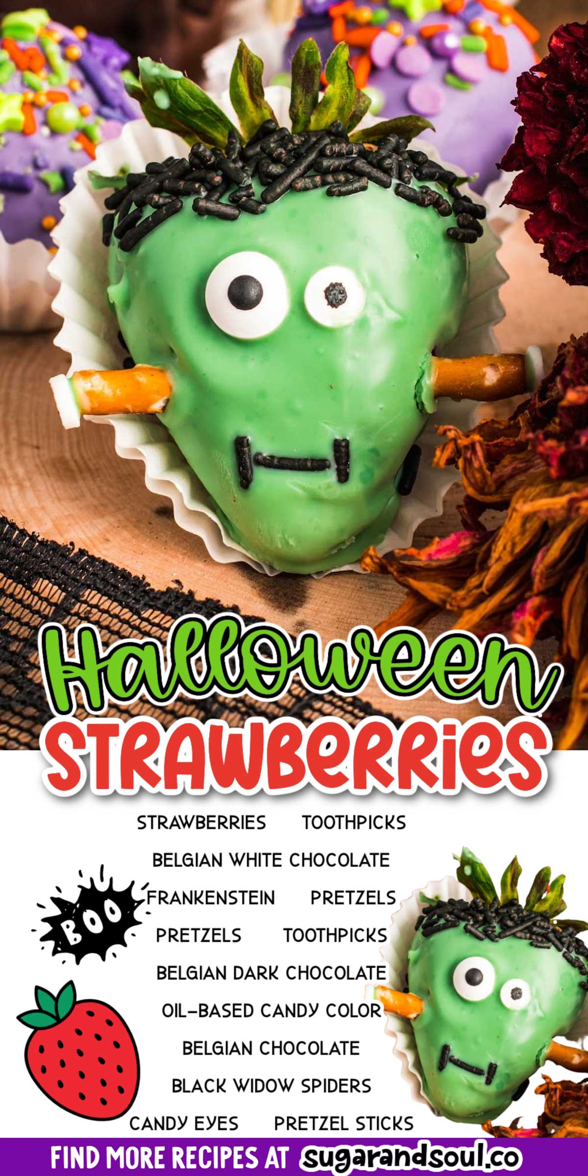 Halloween Chocolate Covered Strawberries are a treat the family can make together using juicy berries, melted chocolate, and edible decorations! This festive dessert is sure to disappear in no time! via @sugarandsoulco