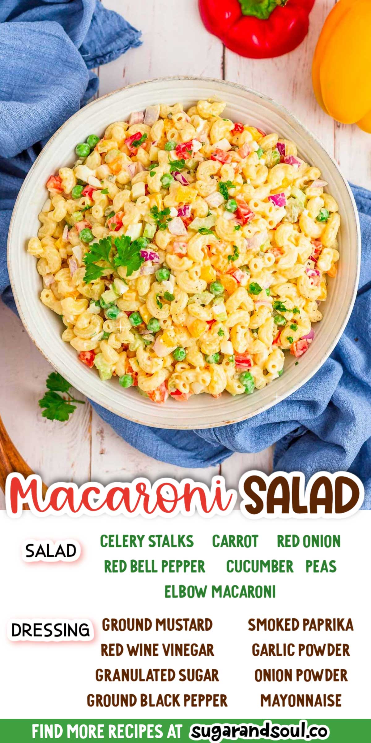 Classic Macaroni Salad has tender elbow macaroni, fresh veggies, and seasonings that are all coated in a creamy dressing! The perfect side dish for all of those backyard cookouts! via @sugarandsoulco