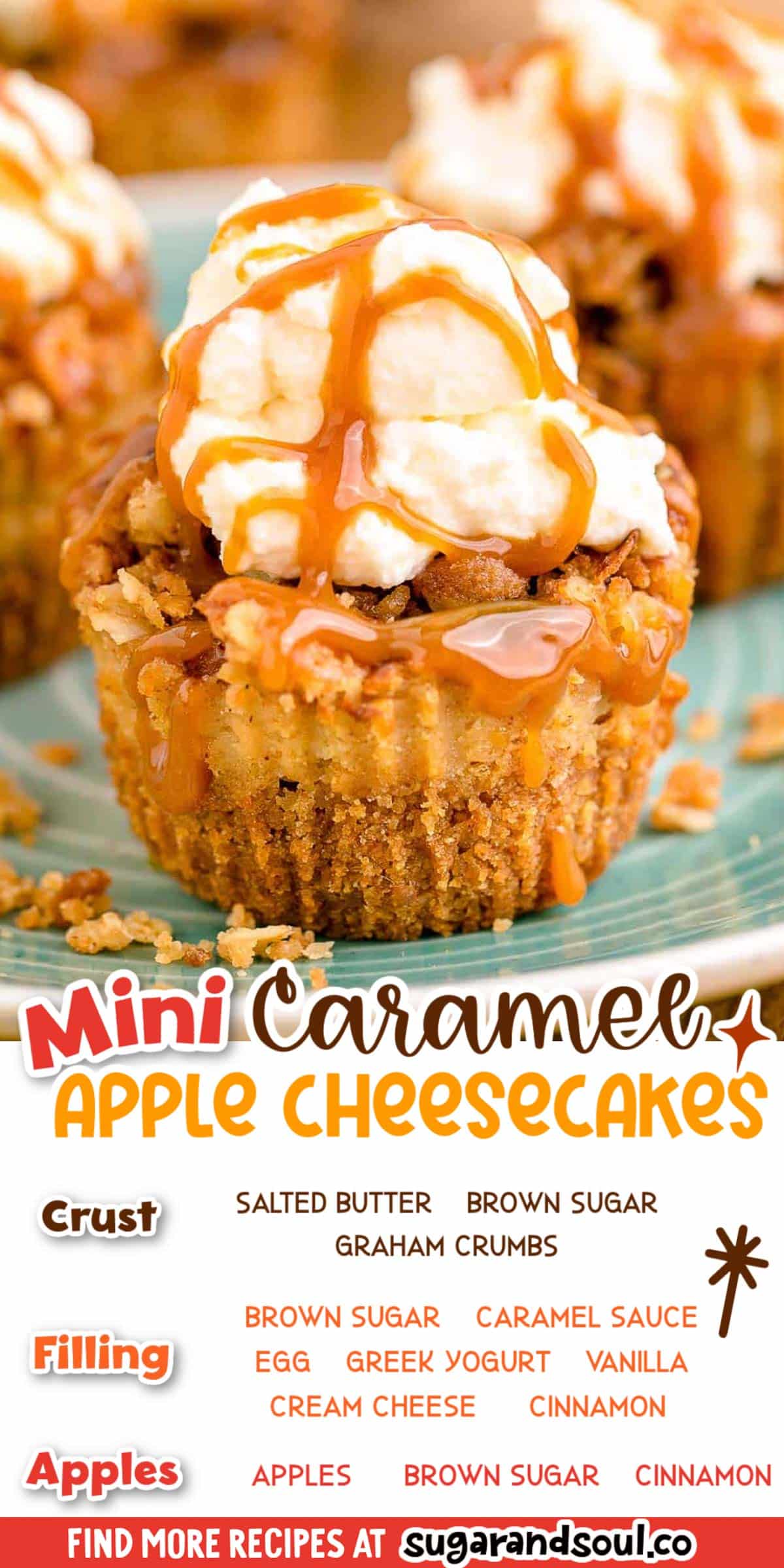 Mini Caramel Apple Cheesecakes have a creamy caramel cheesecake filling that's covered with tender spiced apples and a sweet oat topping! Prep this mouthwatering Fall dessert in only 30 minutes! via @sugarandsoulco