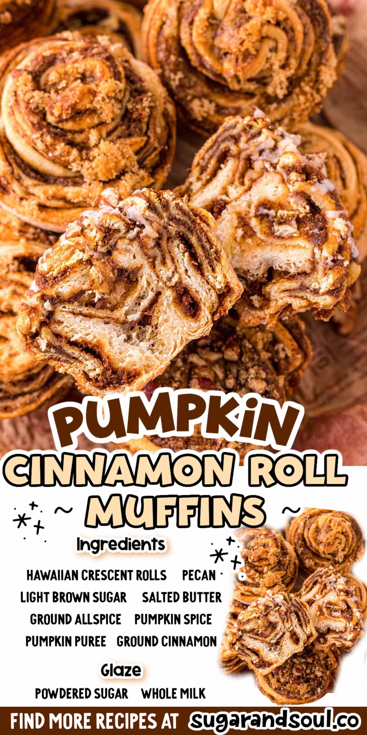 Easy Pumpkin Cinnamon Roll Muffins are overflowing with the glorious flavors of fall yet take less than 20 minutes to bake up to tasty perfection! Topped off with sweet brown sugar, crunchy pecans, and a 2-ingredient glaze! via @sugarandsoulco