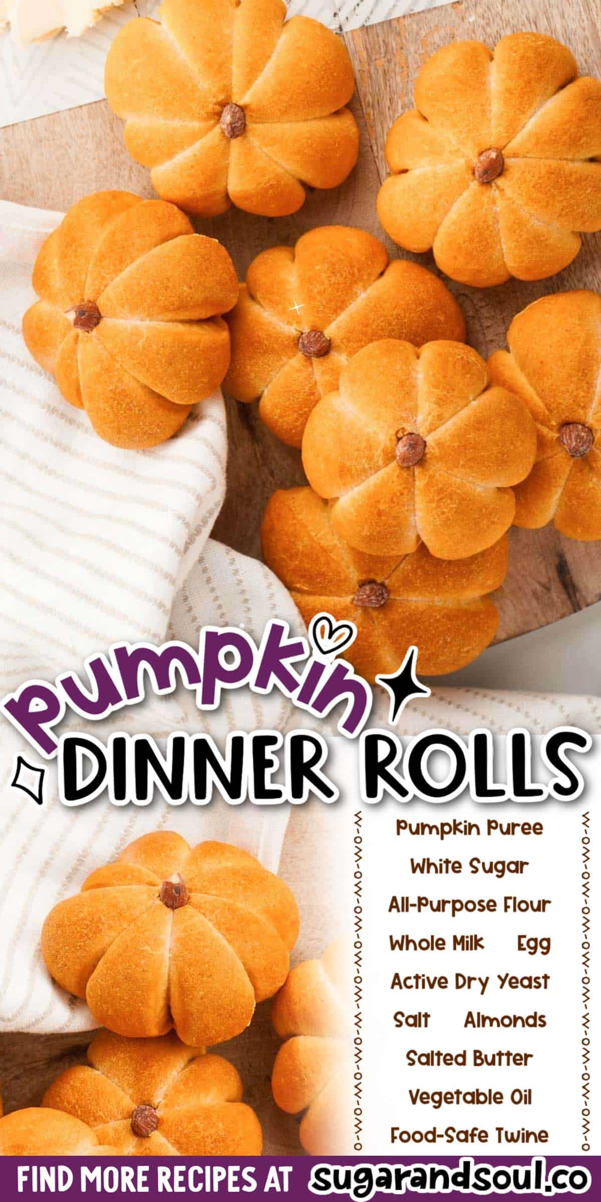 These Pumpkin Dinner Rolls are made with a delicious yeast dough and shaped into pumpkins using food-safe twine with almonds as the stem! Over a dozen of these dinner rolls take only 15 minutes to prep! via @sugarandsoulco