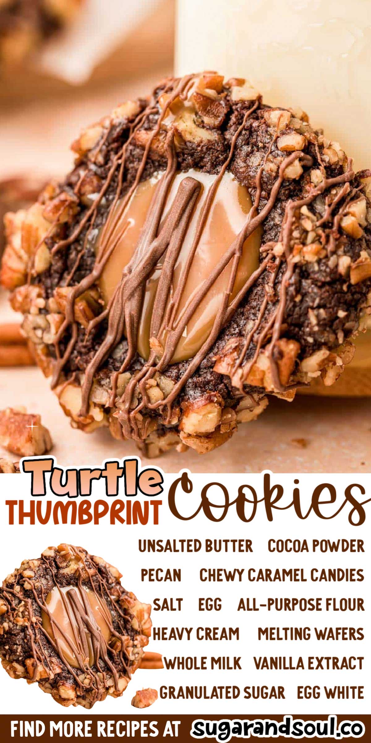 Turtle Thumbprint Cookies are soft chocolate cookies that are rolled in crunchy pecans, complete with a gooey caramel center and chocolate drizzle!  via @sugarandsoulco