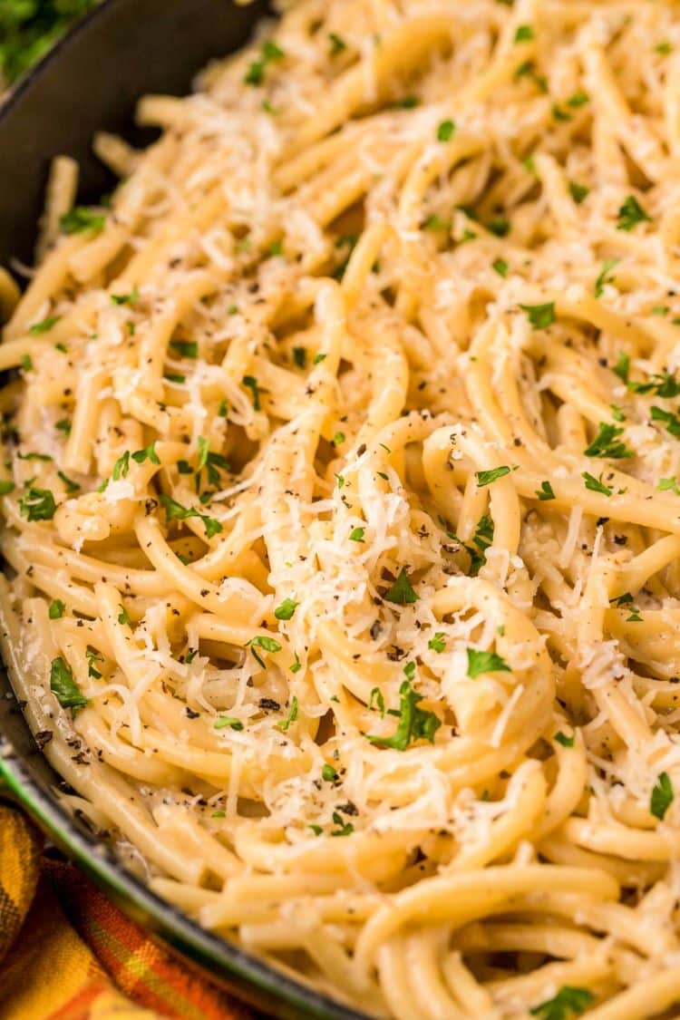 Bucatini Cacio e Pepe in a skillet.