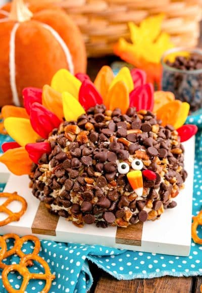 A dessert cheeseball decorated like a turkey on a white and wood cutting board.