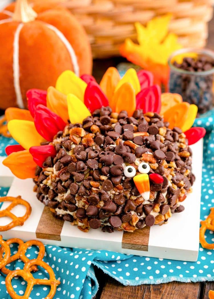 A dessert cheeseball decorated like a turkey on a white and wood cutting board.