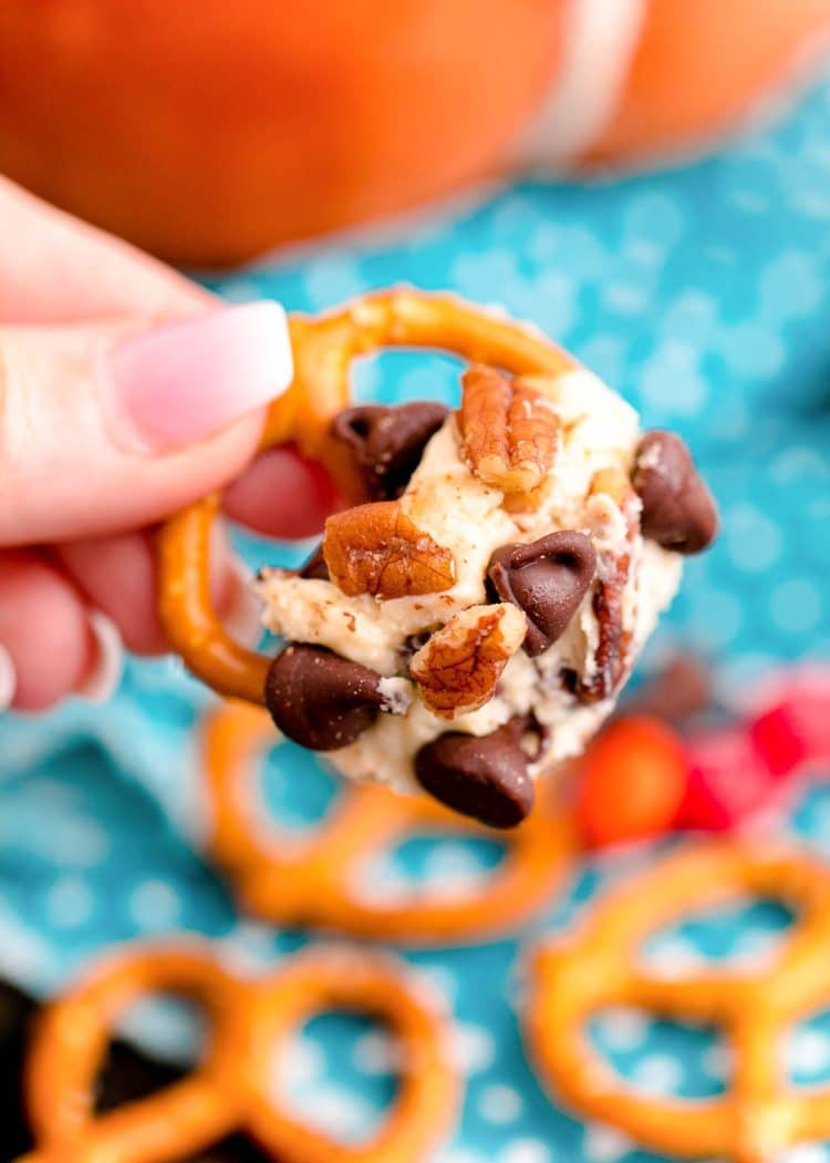 A woman's hand holding a pretzel with dessert cheeseball on it.