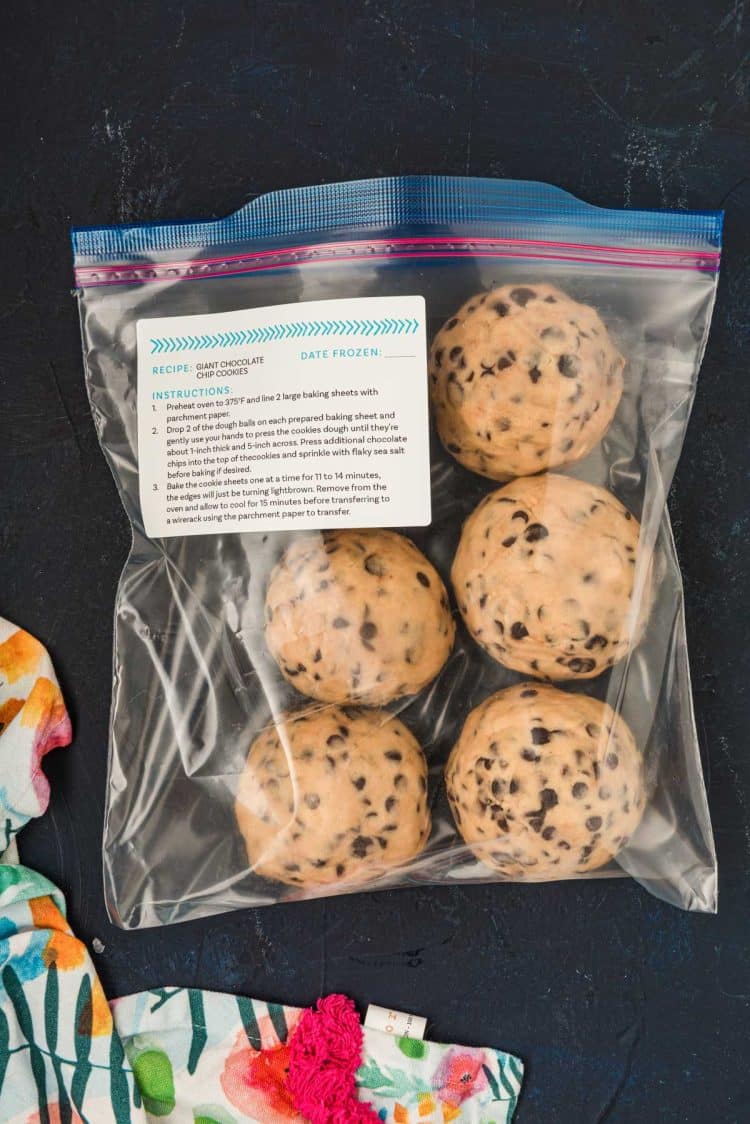 Balls of cookie dough in a freezer bag.