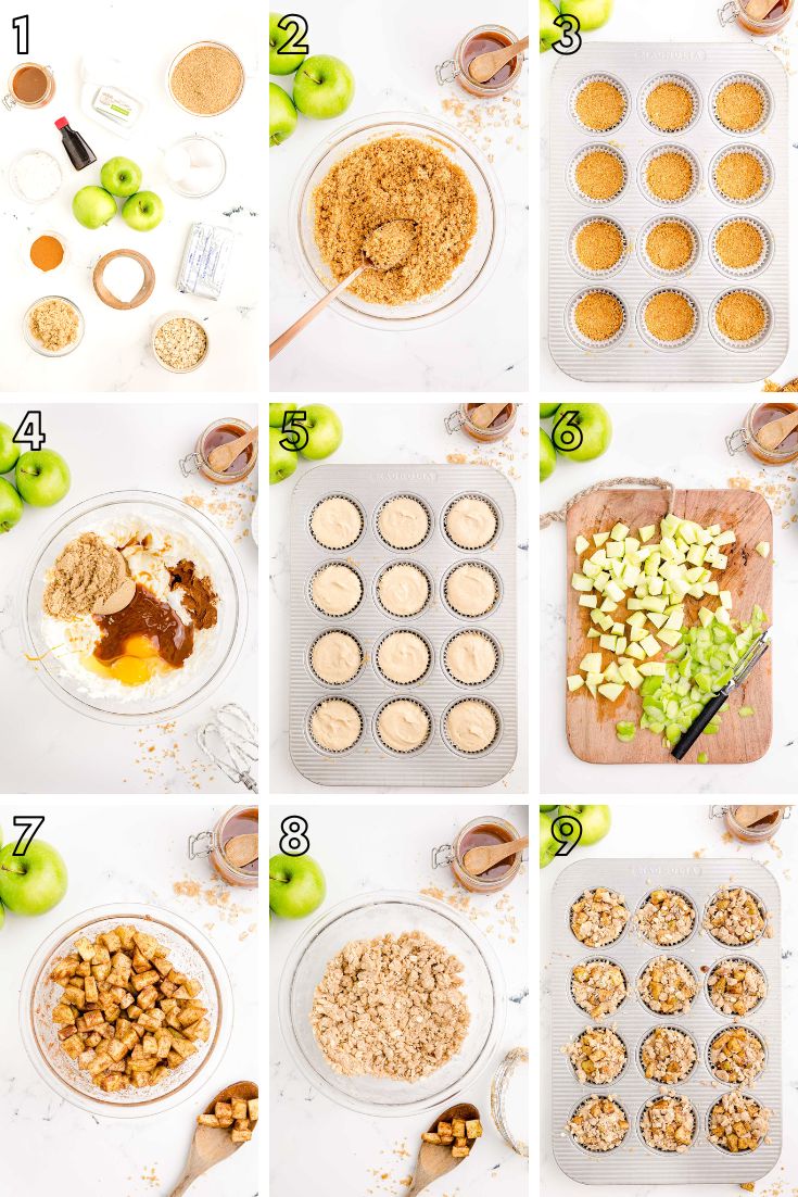 Step by step photo collage showing how to make mini caramel apple cheesecakes.