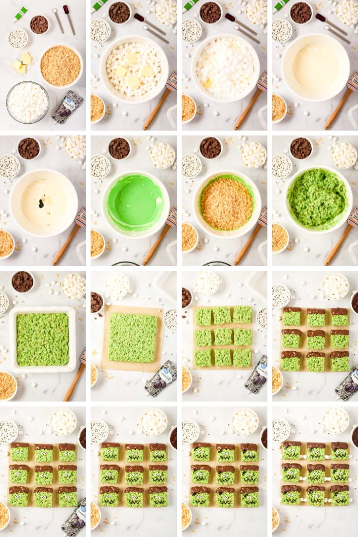 Step by step photo collage showing how to make Frankenstein rice krispie treats.