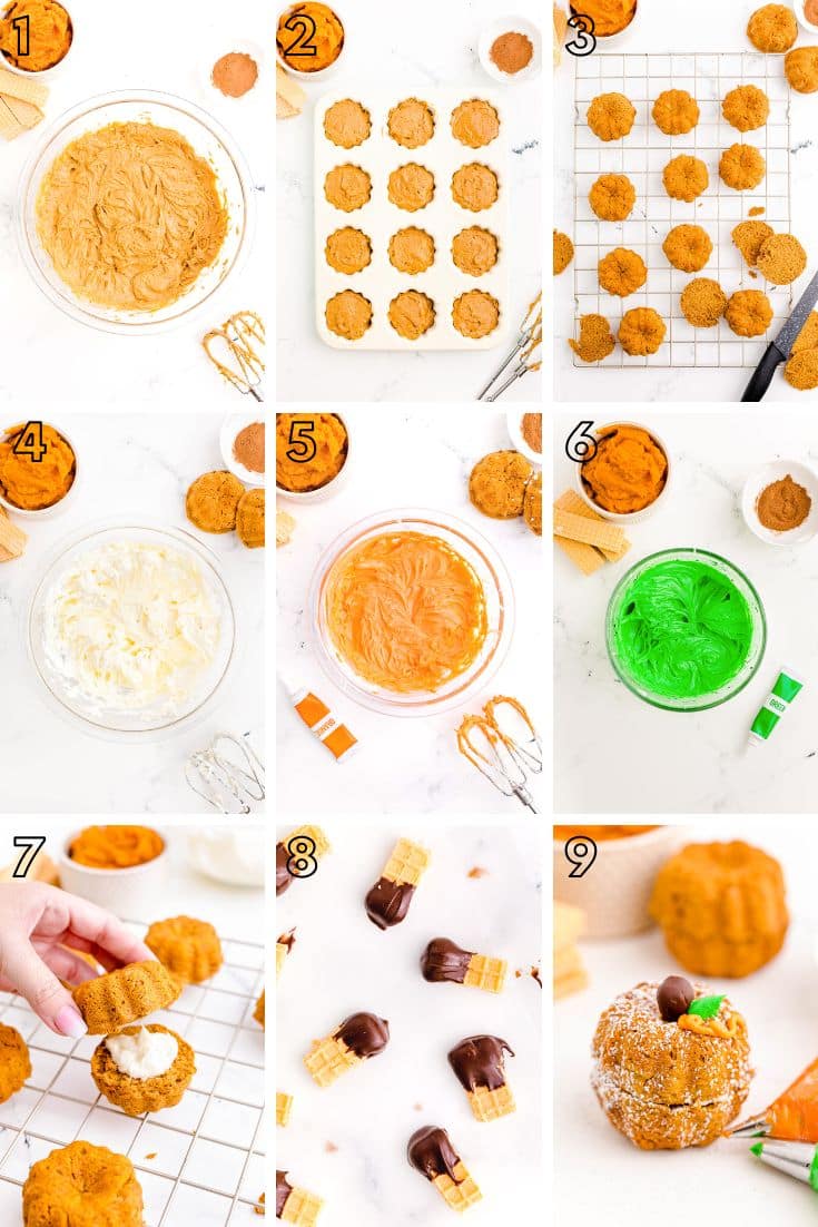 Step by step photo collage showing how to make mini pumpkin bundt cakes