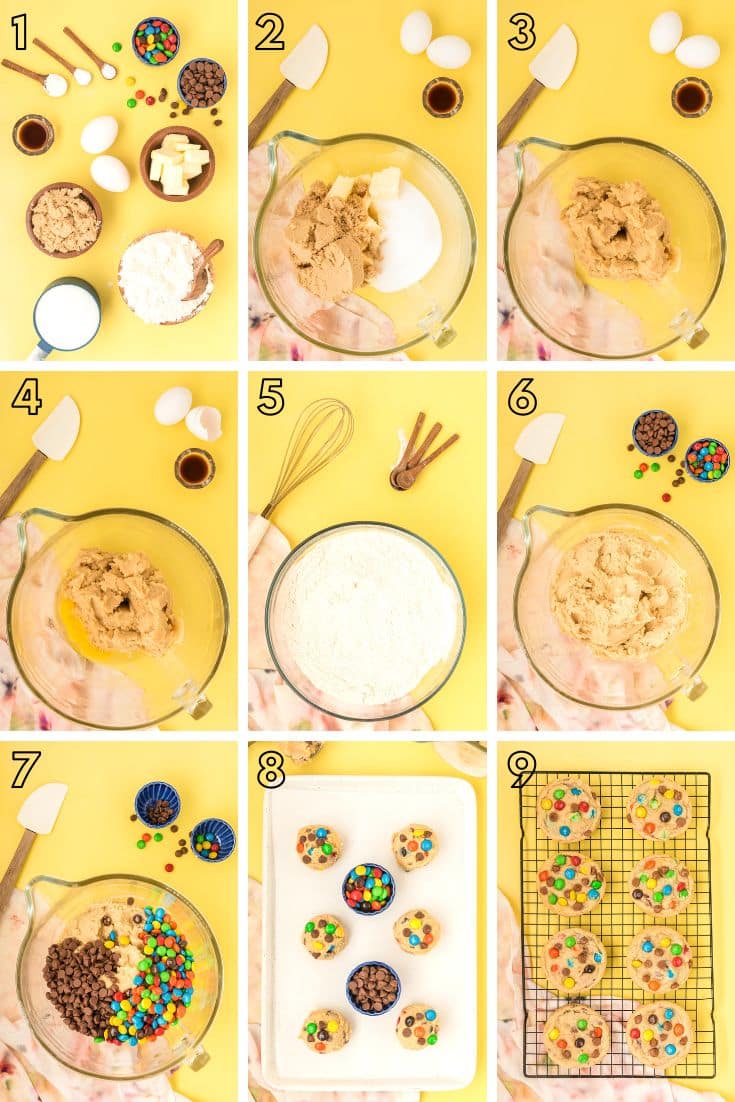 Step by step photo collage showing how to make an M&M cookie recipe from scratch.