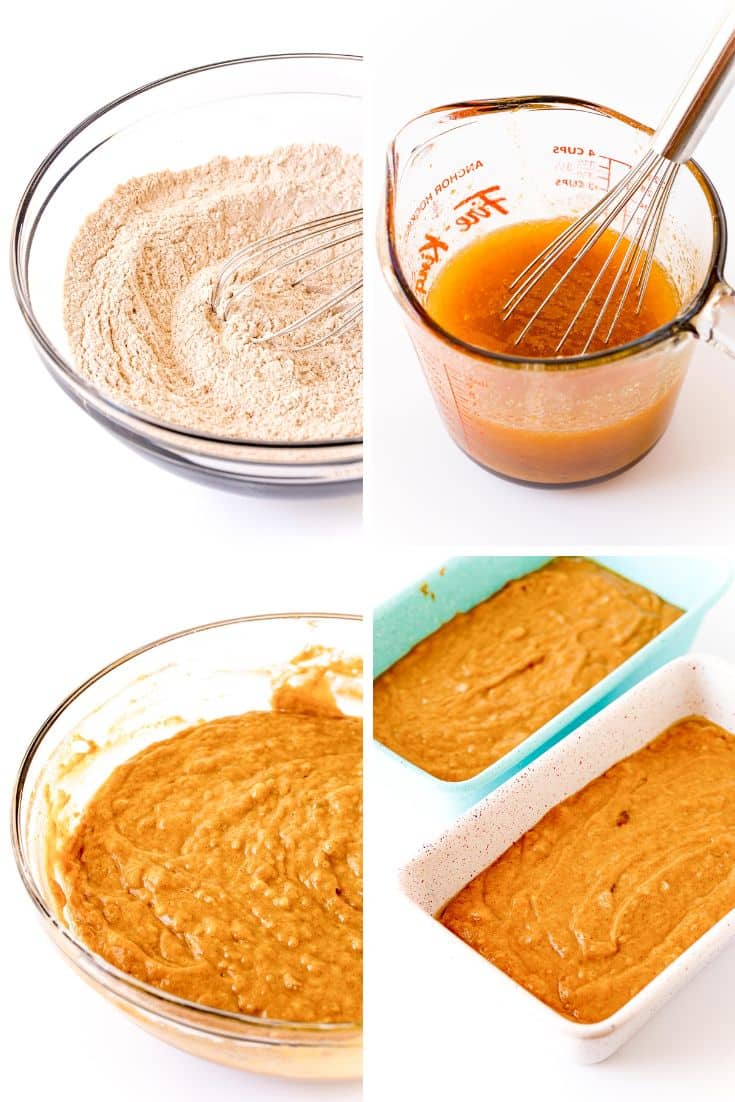 Step by step photo collage showing how to make pumpkin banana bread.