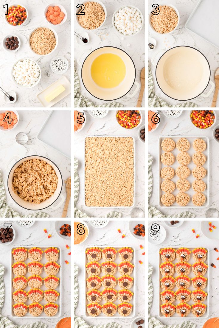 Step by step photo collage showing how to make Thanksgiving Rice Krispie Treats.
