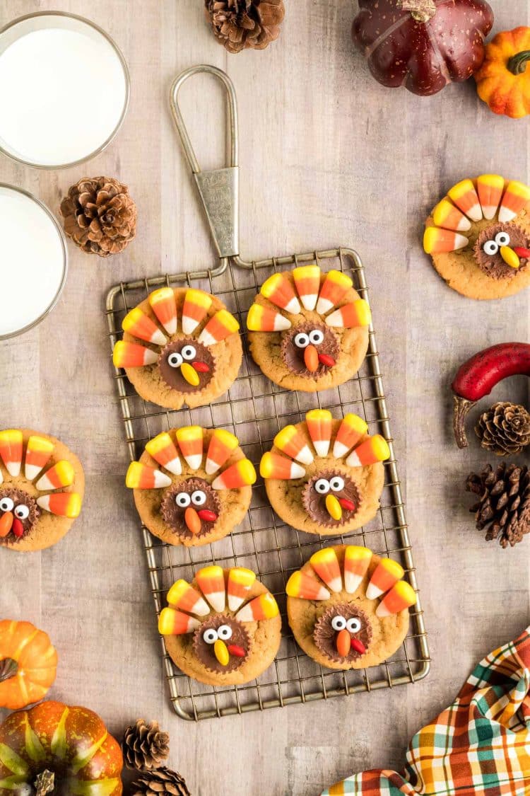 Overhead photo of turkey decorated cookies on a small wire rack.