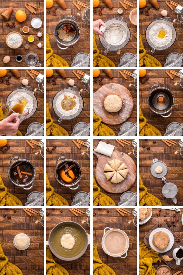 Step by step photo collage showing how to make Mexican bunuelos from scratch.